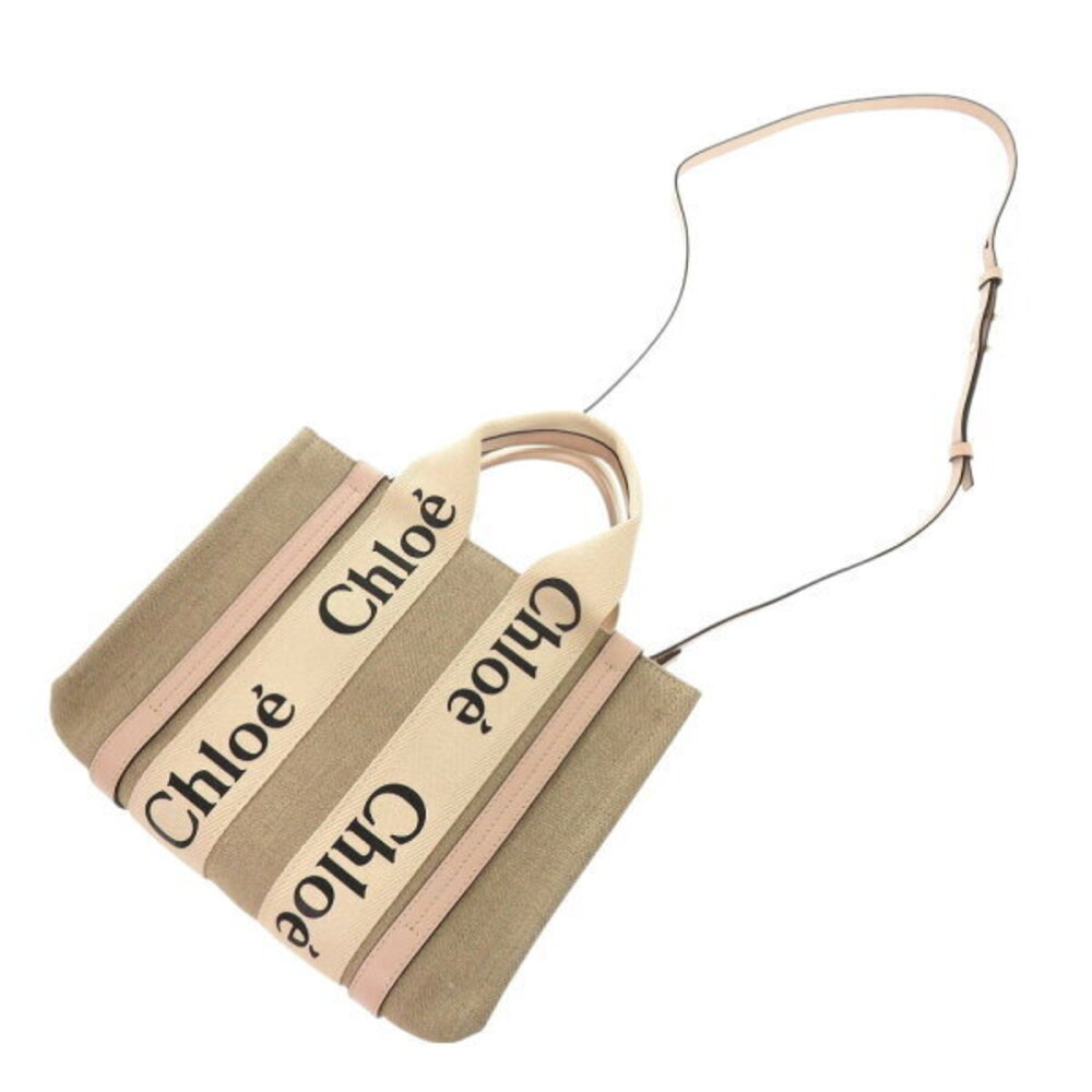 Chloe WOODY tote bag leather canvas beige pink handbag - Picture 4 of 8